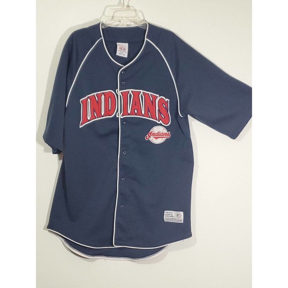Indians Major League Baseball Short Sleeve Button Down Navy Red Jersey L (42-44) - Picture 1 of 8